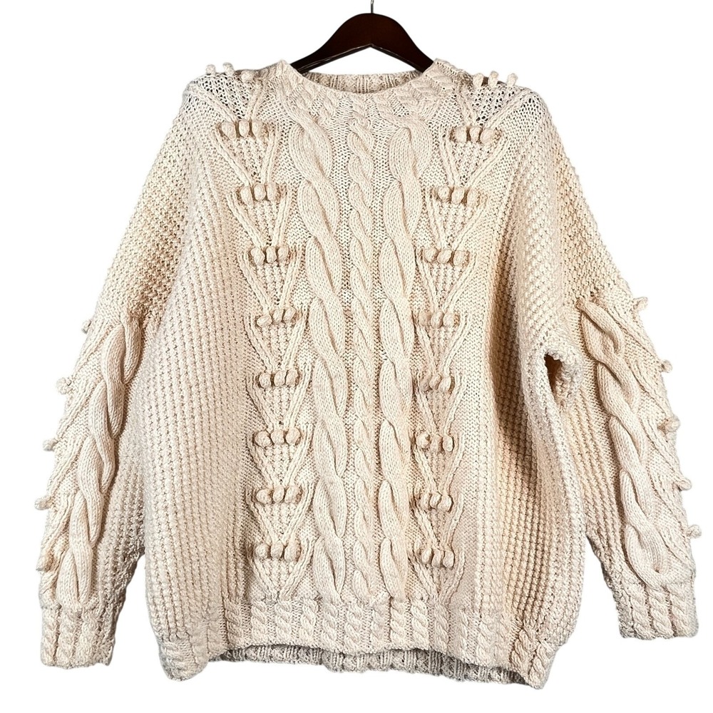 VTG Irish Handknit Pure New Wool Sweater XL Cream Cable Aran Fisherman Popcorn